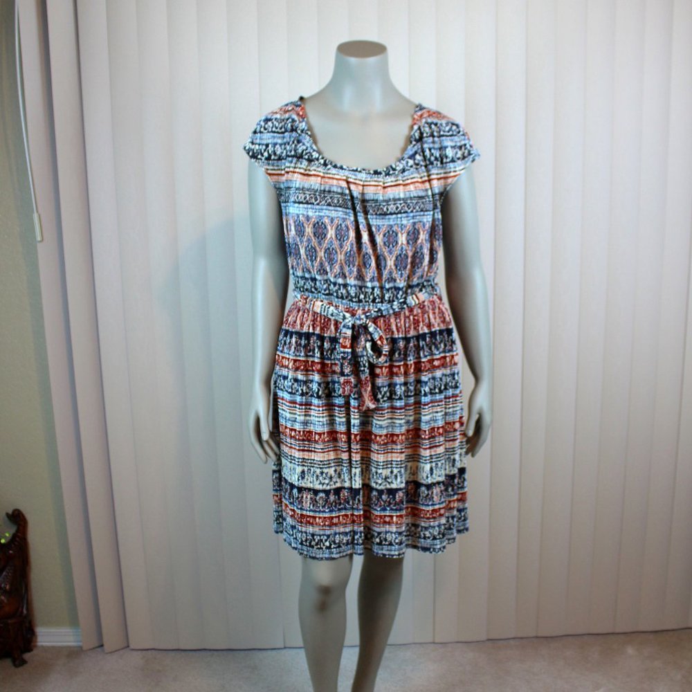 Boho Peasant Dress Large LC Lauren Conrad Belted Flowy Tribal Print Casual
